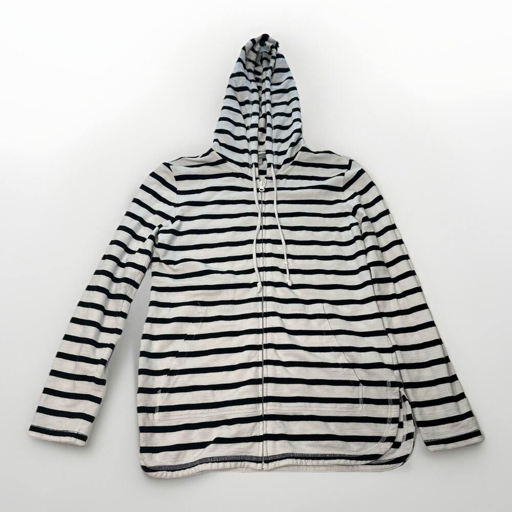 T by Talbots Full Zip Size XS Black White Striped Hooded Jacket UPF 50